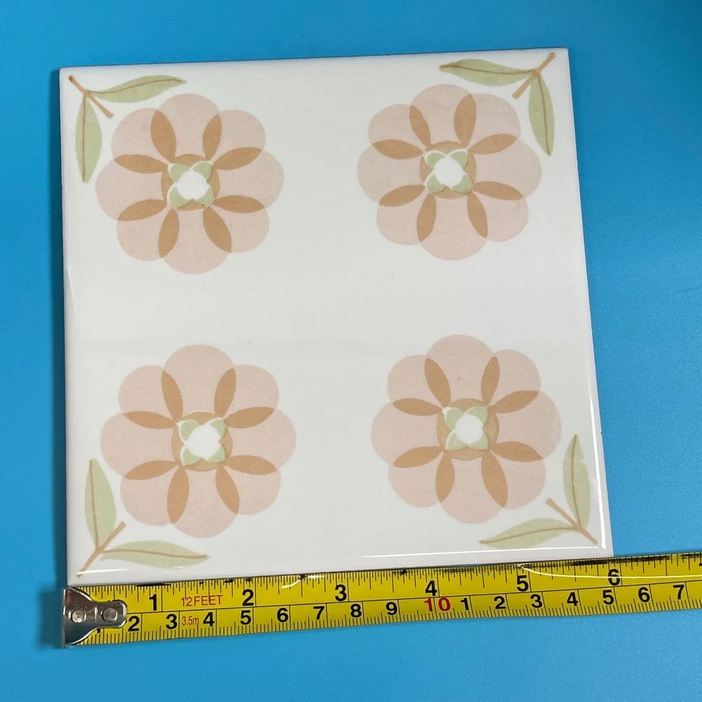 Vintage Floral Ceramic Tile Trivet Peach Green Retro 6x6 Boho 70s‎ Mod Retro